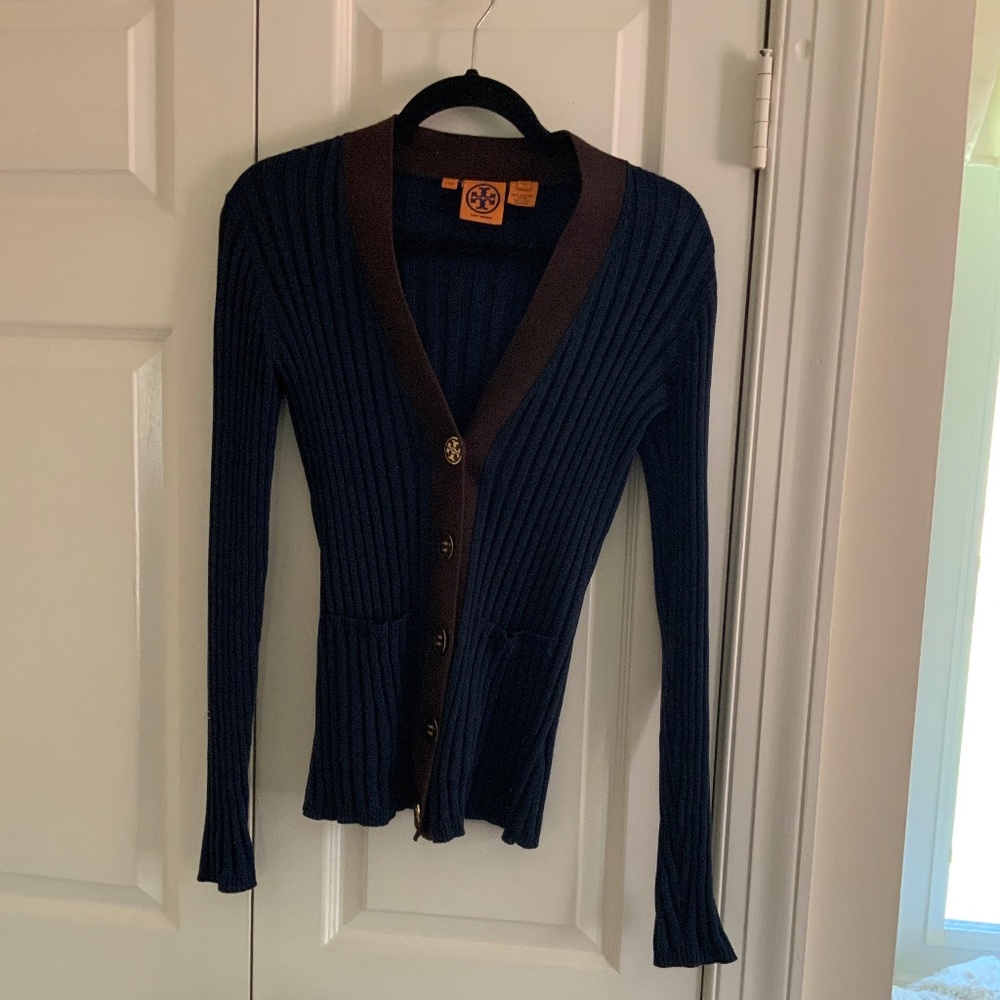 Tory Burch Womens Ribbed V-Neck Button Up Cardigan Navy w/Brown Trim - xs